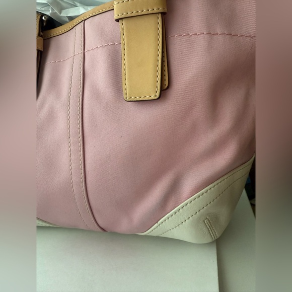 Antique Coach Hampton Tote Pink Canvas White Leather Handbag with Flower Charm - Picture 6 of 6